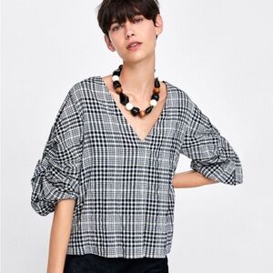 Zara Checkered V Neck Blouse / Top Size XS